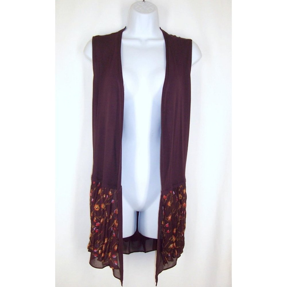 Logo by Lori Goldstein Long Cardigan S Burgundy Sleeveless Floral Chiffon Trim
